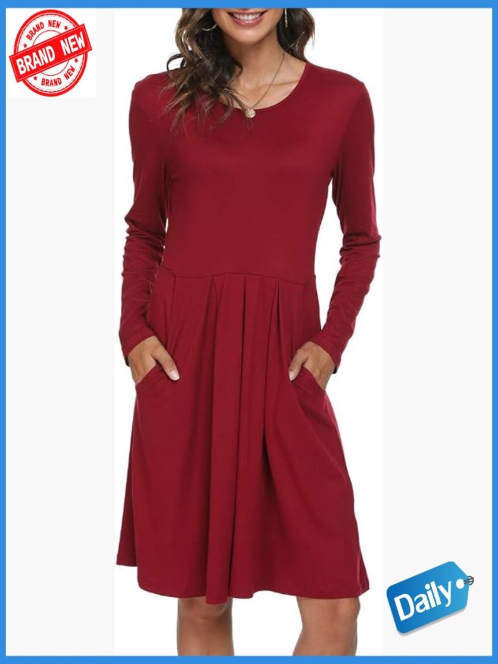 Women's Casual Long Sleeve Pleated Swing Dress with Pockets